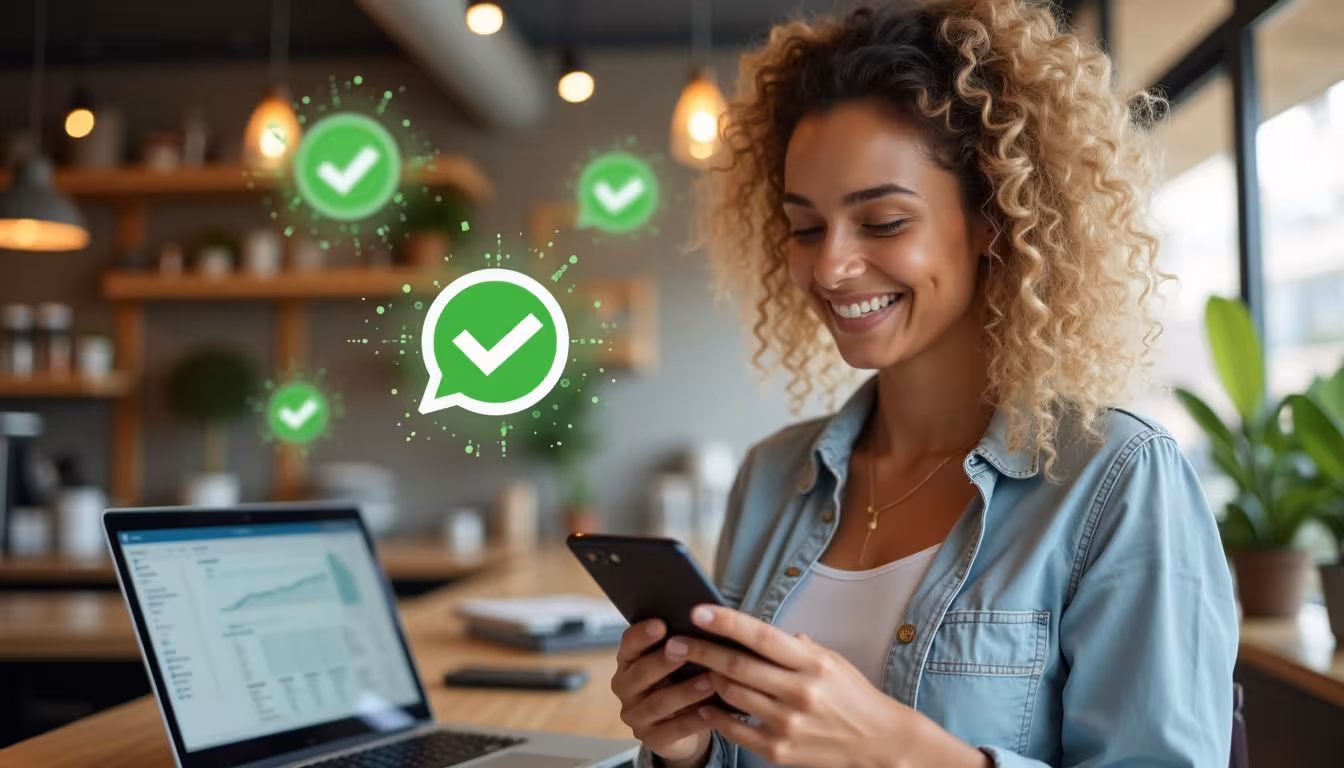 Automação para WhatsApp com IA: dona de negócio acompanhando o atendimento automático no celular