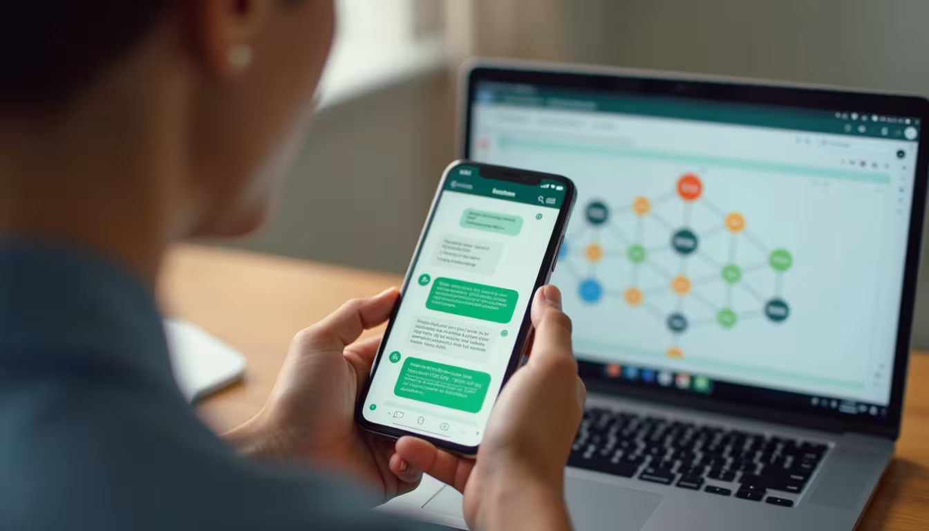 Automação de WhatsApp em ação: conversa respondida pela IA no celular e fluxo montado no editor visual